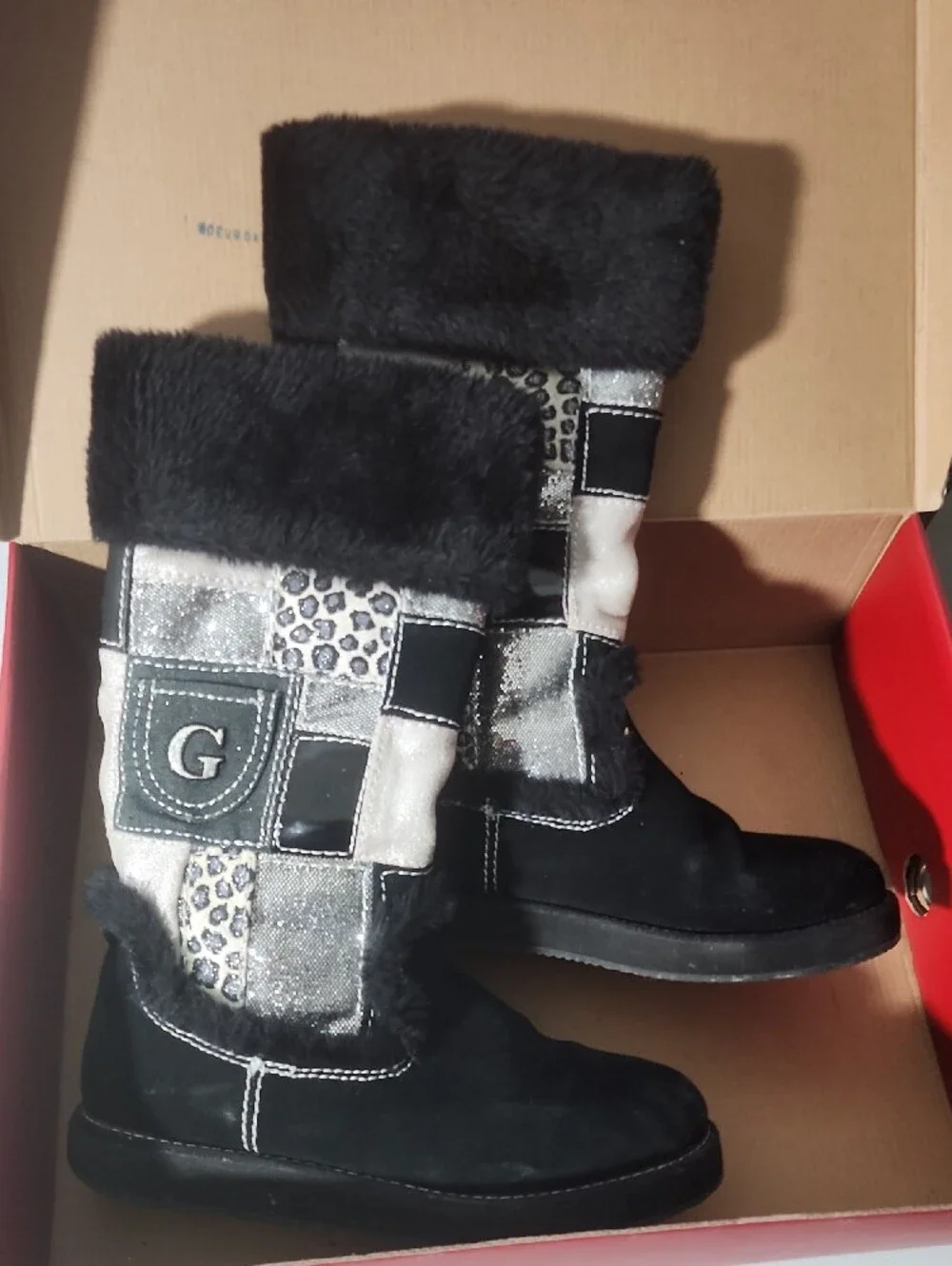 Guess Black and Silver Patchwork Fur-Trim Winter Boots
